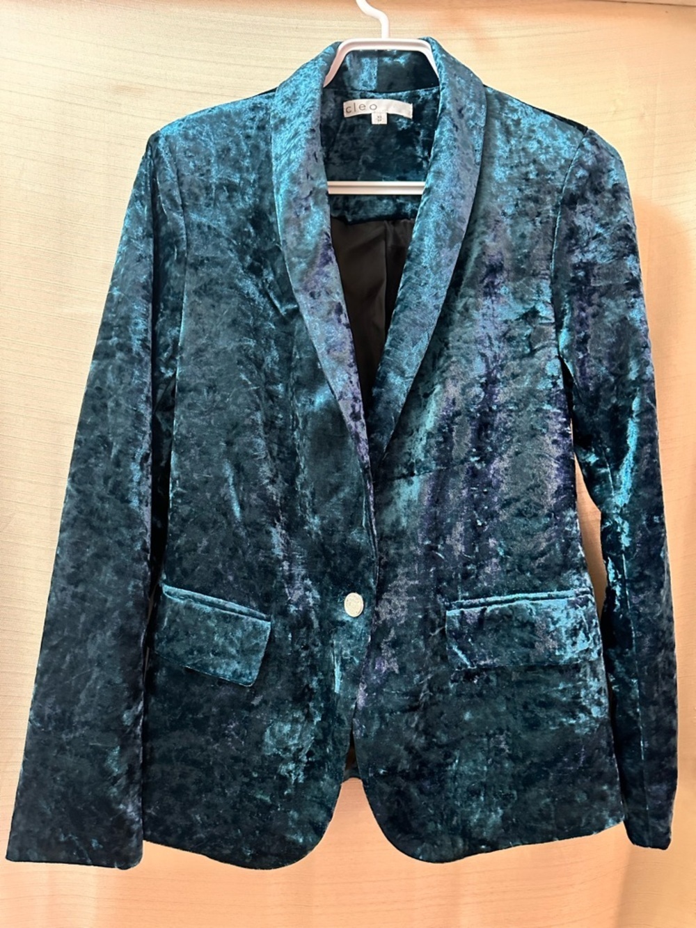 Cleo Teal Crushed Velvet Blazer XS Tailored Stretch Jacket Chic